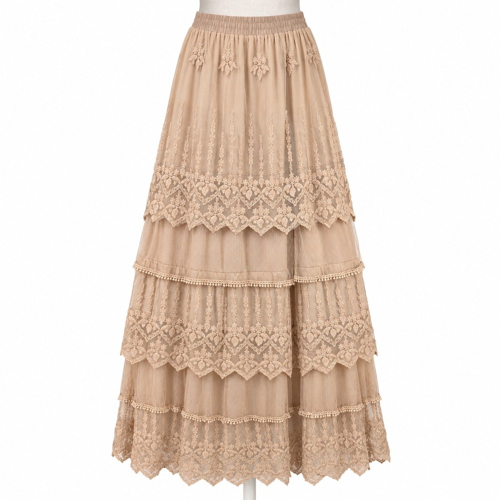 Embroidered Fairy Lace Tiered Maxi Skirt Size S Tan Romantic Mesh Flowy Indie